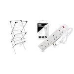 Vileda Sprint 3-Tier Clothes Airer, Indoor Clothes Drying Rack with 15 m Washing Line, Silver & Heavy Duty Extension Lead UK Pin Plug and Cable, 4 Gang Way 2m Power Adapter
