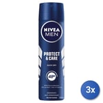 3X Nivea Protect & Care Homme Déodorant Spray 150 Ml 1 Pz