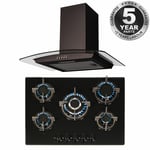 SIA 70cm Black Glass 5 Burner Gas Hob And Curved Glass Cooker Hood Extractor Fan