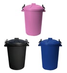 3 x 50L Dustbin with Clip Lock Lids Garden/Kitchen Waste Bin UK Black+Blue+Pink
