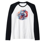 blue and red mythical fierce Asian dragon roaring anime art Raglan Baseball Tee