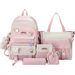5-pack Kawaii ryggsäck set med björnberlock, skolmaterial, söta kaninmärken stor canvas skolväska med tote väska (rosa)