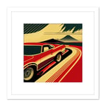 Japan Retro Muscle Car Mount Fuji Illustration Classic Square Wooden Framed Wall Art Print Picture 8X8 Inch