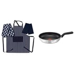 Tefal 30 cm Comfort Max, Induction Frying Pan, Stainless Steel, Non Stick with Penguin Home Apron, Double Oven Glove and 2 Kitchen Tea Towels Set - NAVY/White