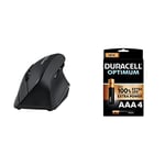 perixx PERIMICE-715II Wireless Ergonomic Vertical Mouse - 2.4 G - 800/1200/1600 DPI - Right Handed Natural Ergonomic Vertical Design + Duracell NEW Optimum AAA Alkaline Batteries [Pack of 4]