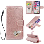 ZTUOK for iPhone X/XS Case,Bling Glitter PU Leather Flip Wallet Folio Inner Soft TPU Case with [Card Slots] Stand Function Case for iPhone X/XS-Rose Gold