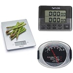 Bundle of Taylor Pro Digital Glass Kitchen Food Scales,Ultra Thin Compact Design,Professional Standard with Tare Feature,Silver Finish Weighs 5 kg Capacity+Taylor Pro Leave in Meat Thermometer Probe,