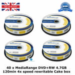 40 x MediaRange DVD+RW 120min 4x speed Blank Discs 4.7GB Rewritable New Cake Box