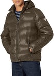 GUESS Men's Mid-Weight Puffer Jacket with Removable Hood Down Alternative Coat, Deep Olive Green, S