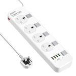 Extension Lead with USB Ports, BEVA 4 Way Outlets 4 USB slots Surge Protection Power Strips with Individual Switches UK Power Strip with 3M Extension Cord for Home, Office, Hotel, Dorm - White…