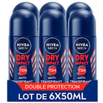 NIVEA MEN Déodorant anti-transpirant Dry Impact (lot de 6 x 50 ml), Déodorant bille pour homme sans alcool, Antitranspirant protection 72 H