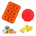 Kungfu Mall Silicone Doughnut Mould and Waffle Baking Mould, Silicone Baking Tray Maker Pan Heat Resistance for Cake Biscuit Bagels, 6 Holes Donut Tray and 5 Holes Love Heart Waffle Mould