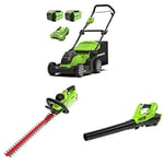 Greenworks 40V 41cm mower, hedge, blower, grass collecting bag with 2x2Ah Battery/charger