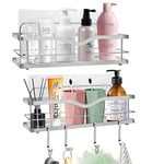 Etagère Douche sans Percage Acier Inoxydable: 2 Etagere Salle de Bain Sans Percage Auto-AdhéSif - Étagère Murale de Rangement Douche avec crochets pour Rangement Salle de Bain et Cuisine Accessoires
