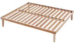 EVERGREENWEB – QUEEN SIZE Fixed Bed Base 150x190 cm, 35 cm high with Natural Wood Slats Orthopedic Platform, Frame for Mattress, Reinforced Structure, 5 removable legs, Underbed storage Easy Assembly