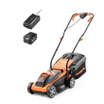 LawnMaster MX 24V 32cm Cordless Lawn Mower with 4.0Ah Battery and Fast Charger. With cut height adjust, rear roller and edging combs. For small lawns up to 150m2. Supplied with spare 32cm blade.