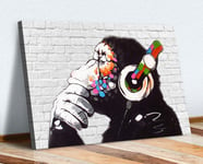 MONKEY DJ BANKSY WHITE BRICK CANVAS STREET WALL ART PRINT ARTWORK - GORILLA (XL 47in x 32in / 119cm x 81cm)