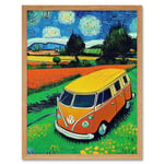 Hippie Van In Meadow Under Starry Night Painting Van Gogh Art Print Framed Poster Wall Decor 12x16 inch