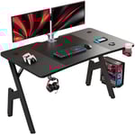 HLFURNIEU 120 x 60 cm Bureau Gaming, Bureau Gamer Informatique Ergonomique, Table Gaming en Fibre de Carbone, Gamer Desk avec Porte Gobelet et Crochet pour Casque, Noir