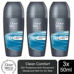 Dove Men+Care Roll On Advanced Antiperspirant Deodorant Clean Comfort 50ml, 3Pk
