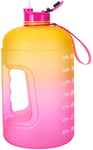 Xcvbnm 1 Gallon Motivational Water Bottle With Straw,Fitness Sports Water Bottle With Time Marker Tracker Large BPA Free Wide Mouth With Handle Gradient Kettle To Drink More Water Daily (yellow pink)
