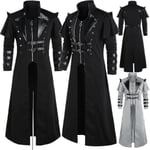 Vintage Halloween Medeltida Steampunk Assassin Alv Piratdräkt Vuxen Män Svart Lång Splittrad Jacka Gotisk Rustning Läderrockar L