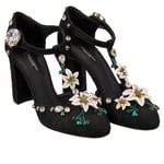 DOLCE & GABBANA Crystal Lily Brooch Brocade Ankle Strap Pumps VALLY Black 13073