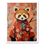 Red Panda in Kimono Cherry Blossom Trees Japan Art Print Framed Poster Wall Decor 12x16 inch