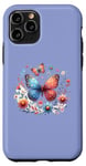 Coque pour iPhone 11 Pro Illustration inspirée de la nature avec papillon coloré et floral bleu