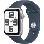 Apple Watch SE (2nd Gen) (GPS) 44mm - Silver Aluminium Case with Storm Blue Sport Band - S/M (Fits 140mm to 190mm Wrists)