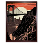 Clifton Suspension Bridge Sunset Contrast Linocut Art Print Framed Poster Wall Decor 12x16 inch
