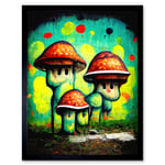 Trippy Red Cap Mushroom Houses Street Art Graffiti Mural Art Print Framed Poster Wall Decor 12x16 inch
