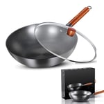 NJZYB 12" Pre-Seasoned Cast Iron Pan, Traditional Hand Hammered Carbon Steel Pow Wok, Non-stick Pan with Wooden Handle, Electromagnetic Induction, for All Stove,With Lid