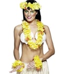 Hawaii Sett med Gule Blomster Smykke, Krans og 2stk Armbånd