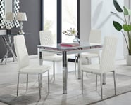 Enna White Glass Extending 4-6 Seater Dining Table and 4 Milan Faux Leather Chairs