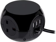 STATUS Black Cube Socket | 3 Way Cube with 3 USB Adapter Socket | 1.4m Extensio