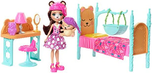 Enchantimals Coffret La Chambre de l'Ours, Mini-poupée Bren Ours et Figurine Animale Snore avec lit et accessoires, jouet enfant, FRH46