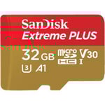 Micro Secure Digital SDHC 32 GB Sandisk Extreme Plus, 200/90 MB/sek, Class 10, UHS-I V30, U3, A2, inkl. SD-adapter