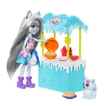 Enchantimals coffret Stand de Gaufres, mini-poupée Hawna Husky, figurine animale Crème Fouettée, pâte à modeler et accessoires, jouet pour enfant, GJX37