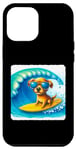 Coque pour iPhone 12 Pro Max Surf Dog In Yellow Surfboard On Turquoise Sea Lunettes de soleil