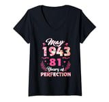 Womens 81 Year Old May 1943 Floral 81st Birthday Gifts Women V-Neck T-Shirt