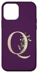 Coque pour iPhone 12 mini Lettre Q élégante en feuille d'or monogramme couleur prune avec motif floral