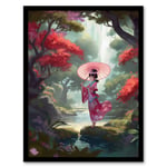 Geisha Dancing with Umbrella By Cherry Blossom Trees Painting Traditional Pink Floral Kimono Dance in Tranquil Japan Forest River Landscape Art Print