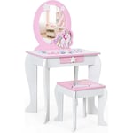 Costway - Coiffeuse pour Enfant Table de Maquillage avec Tabouret, Miroir Détachable et 1 Tiroir de Rangement Style Princesse Blanc