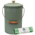 Sage Green– 7 Litre Metal Compost Caddy / Food Waste Bin & 25 Compostable Bags