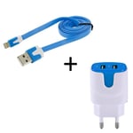 Pack Chargeur Pour Iphone 11 Pro Max Smartphone Micro-Usb (Cable Noodle 1m Chargeur + Double Prise Secteur Couleur Usb) - Bleu