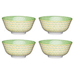 KitchenCraft Set of 4 Glazed Stoneware Bowls with Geometric Pattern, Green & Yellow Ceramic Bowls with Footed Base, Microwave & Dishwasher Safe, 15.7 cm (6") Green Geo POKCBOWL11