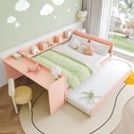 Dubbelsäng för barn 140x200 cm - med skrivbord - med utdragbar säng - med lamellram - massivt trä - rosa (utan madrass)