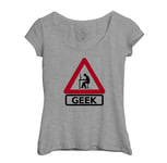 T-Shirt Femme Col Echancré Panneau Attention Geek Jeux Vidéo Ordinateur