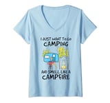Womens Flamingo I Just Want To Go Camping And Smell Like A Campfire V-Neck T-Shirt